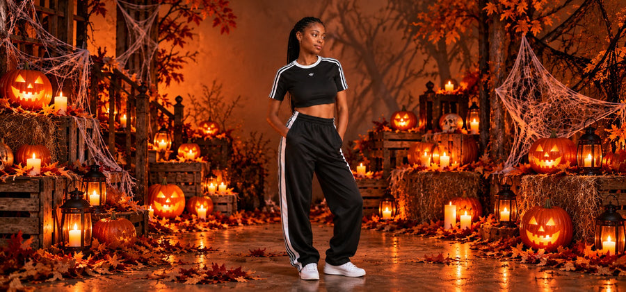 Ragazza con crop top adidas nero a tre strisce e pantaloni della tuta neri, in versione Halloween