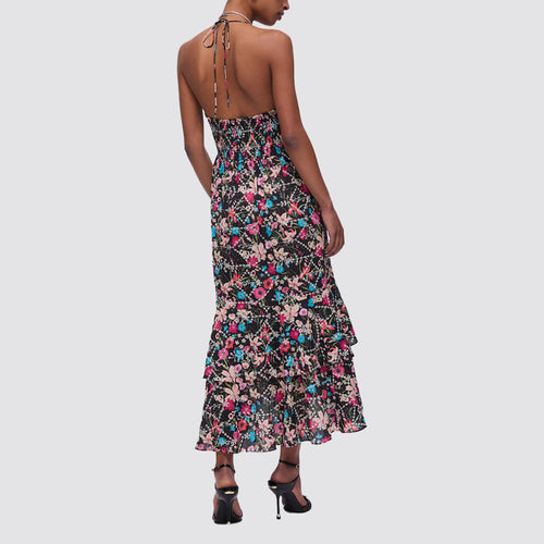 Abito donna floreale halterneck con balza