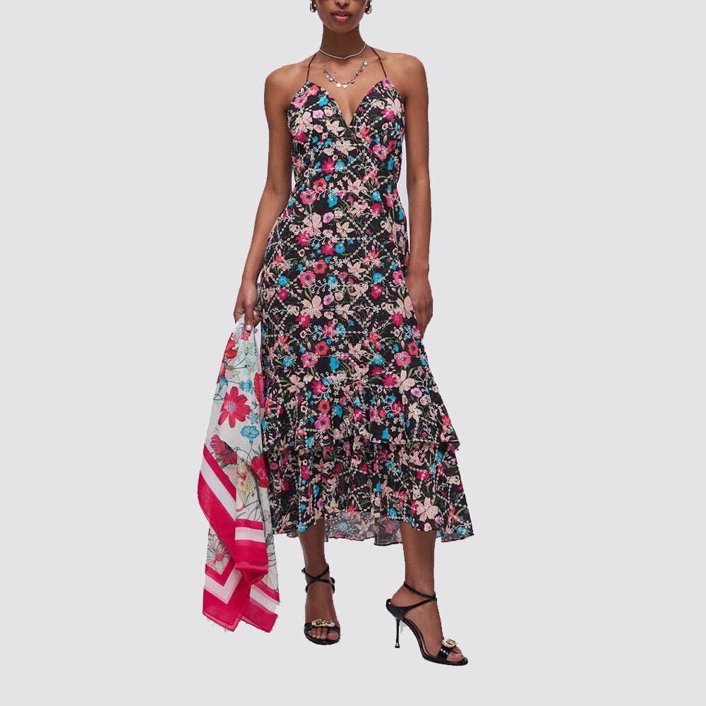 Abito donna floreale halterneck con balza