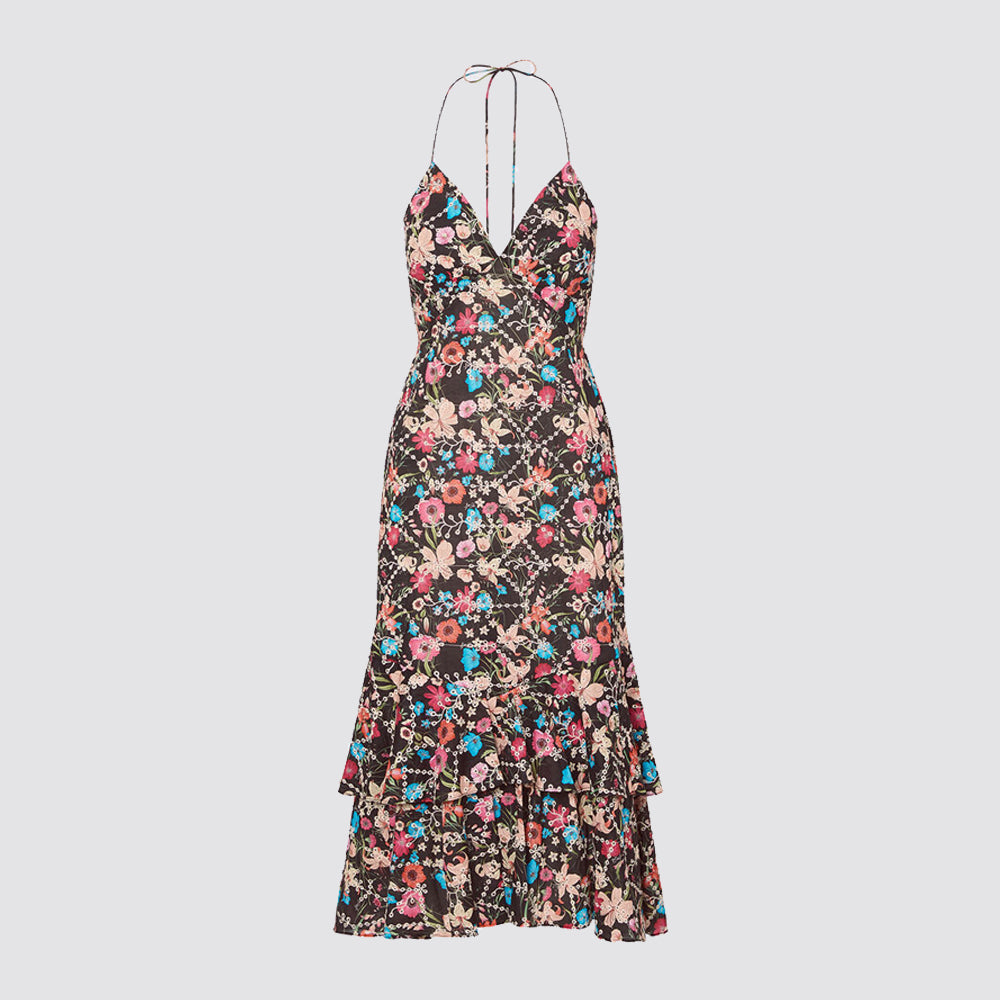 Abito donna floreale halterneck con balza
