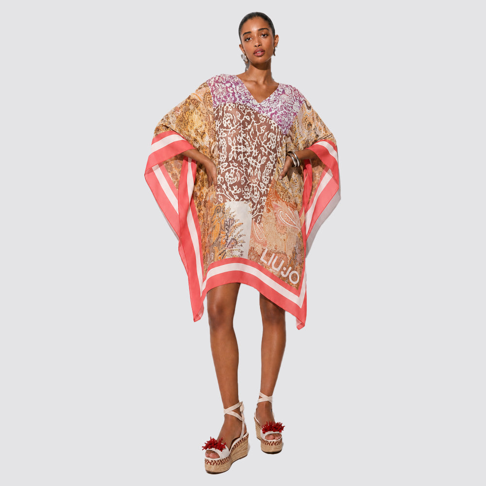Caftano donna in chiffon stampato con scollo a v