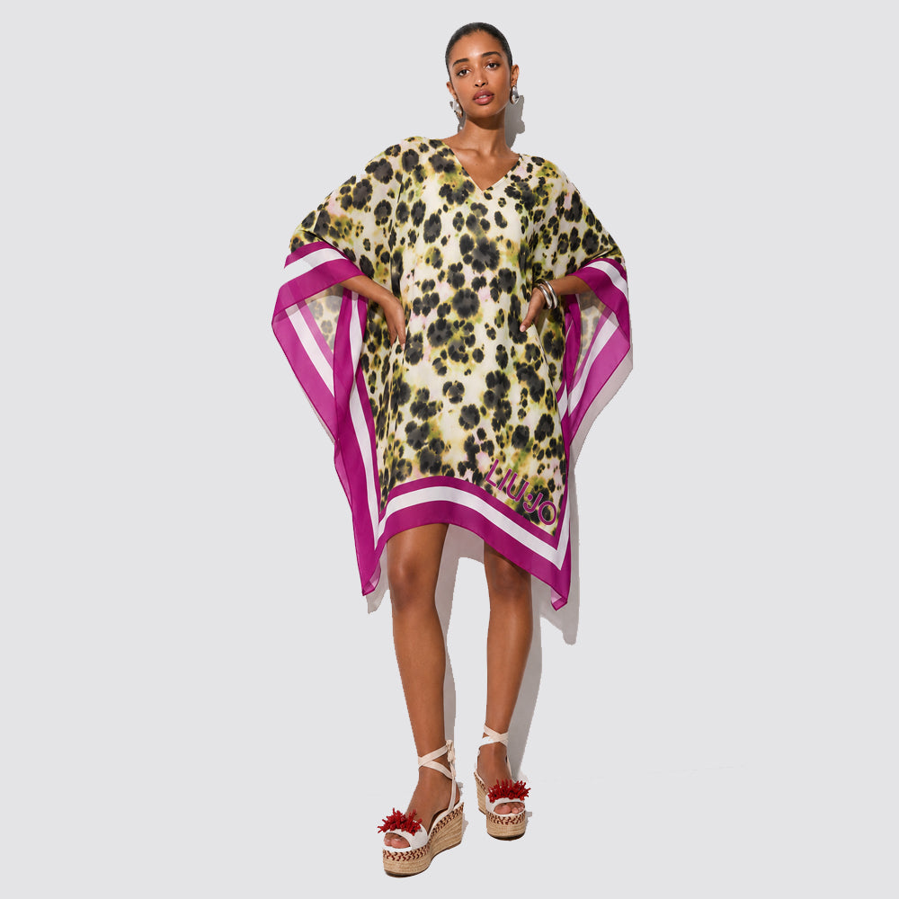 Caftano donna in chiffon stampato con scollo a v