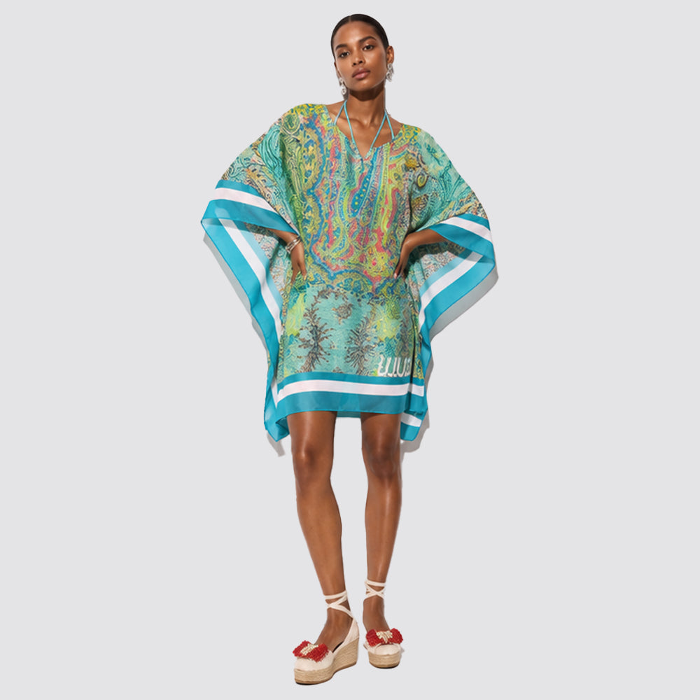 Caftano donna in chiffon stampato con scollo a v