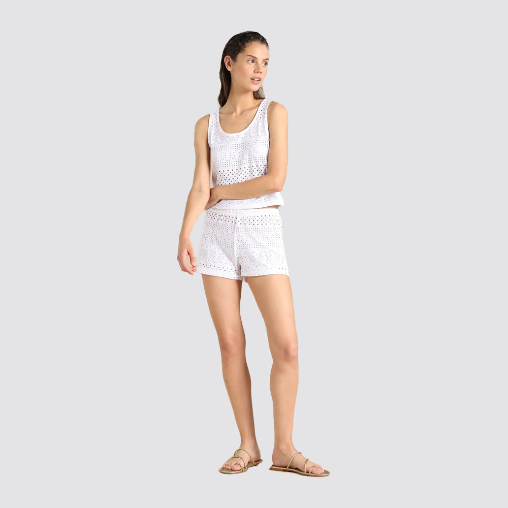 Completo donna spalla larga e pantalone corto sangallo