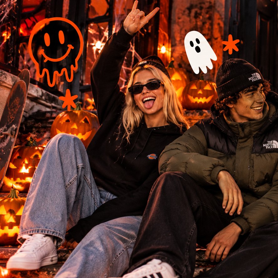 Ragazza con felpa Dickies nera e jeans e ragazzo con piumino The North Face verde oliva e nero, seduti sui gradini tra le zucche di Halloween