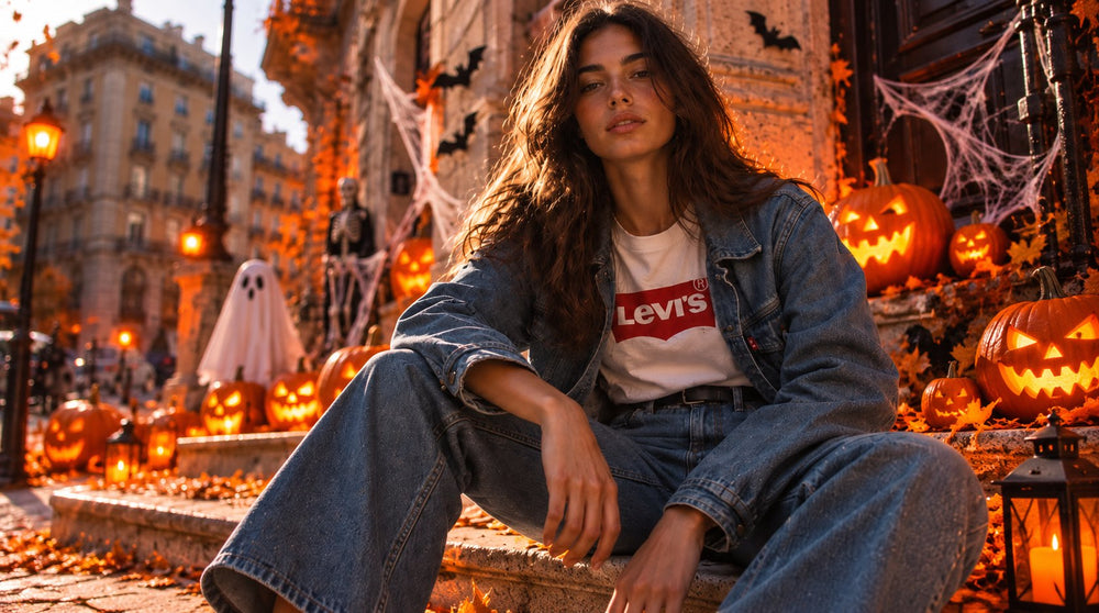 Ragazza con t-shirt Levi's bianca, giacca di jeans e jeans larghi, seduta sui gradini tra le zucche di Halloween