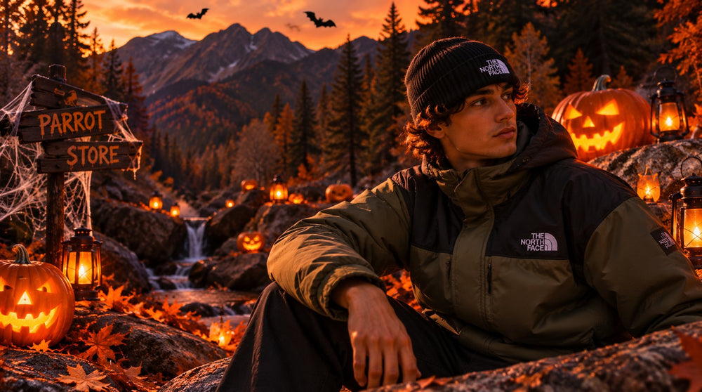 Ragazzo con piumino The North Face verde oliva e nero e berretto nero, seduto in montagna tra le zucche di Halloween