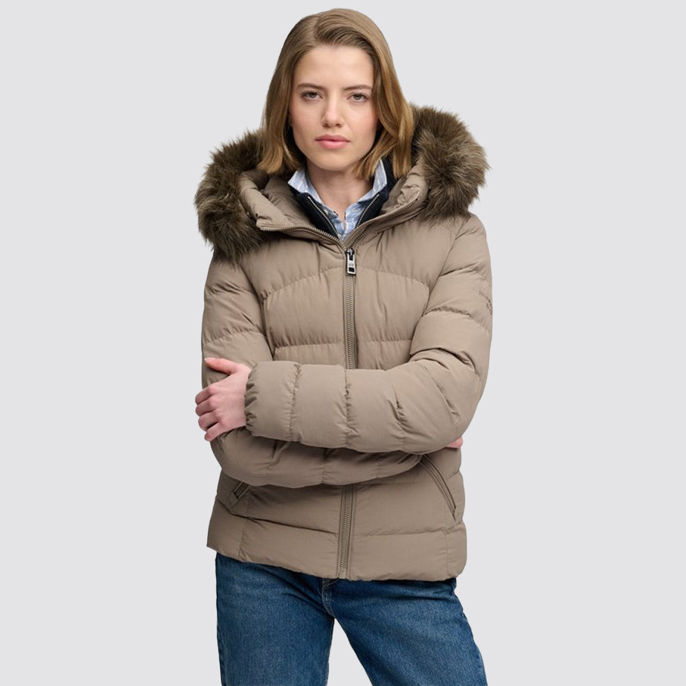 Piumino fuji superdry donna con cappuccio in eco pelliccia