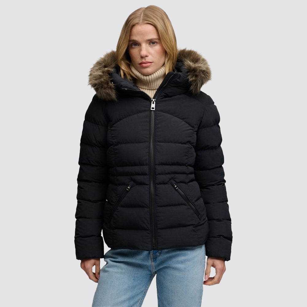 Piumino fuji superdry donna con cappuccio in eco pelliccia