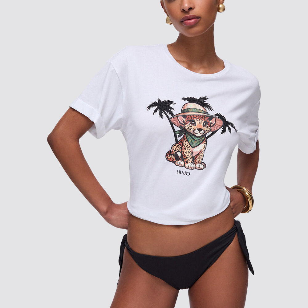 T shirt donna regular fit con stampa frontale e strass