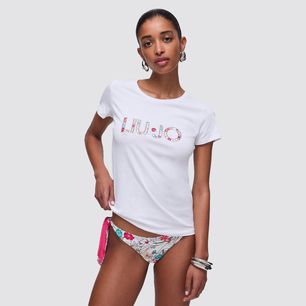 T shirt donna slim fit con logo frontale e strass