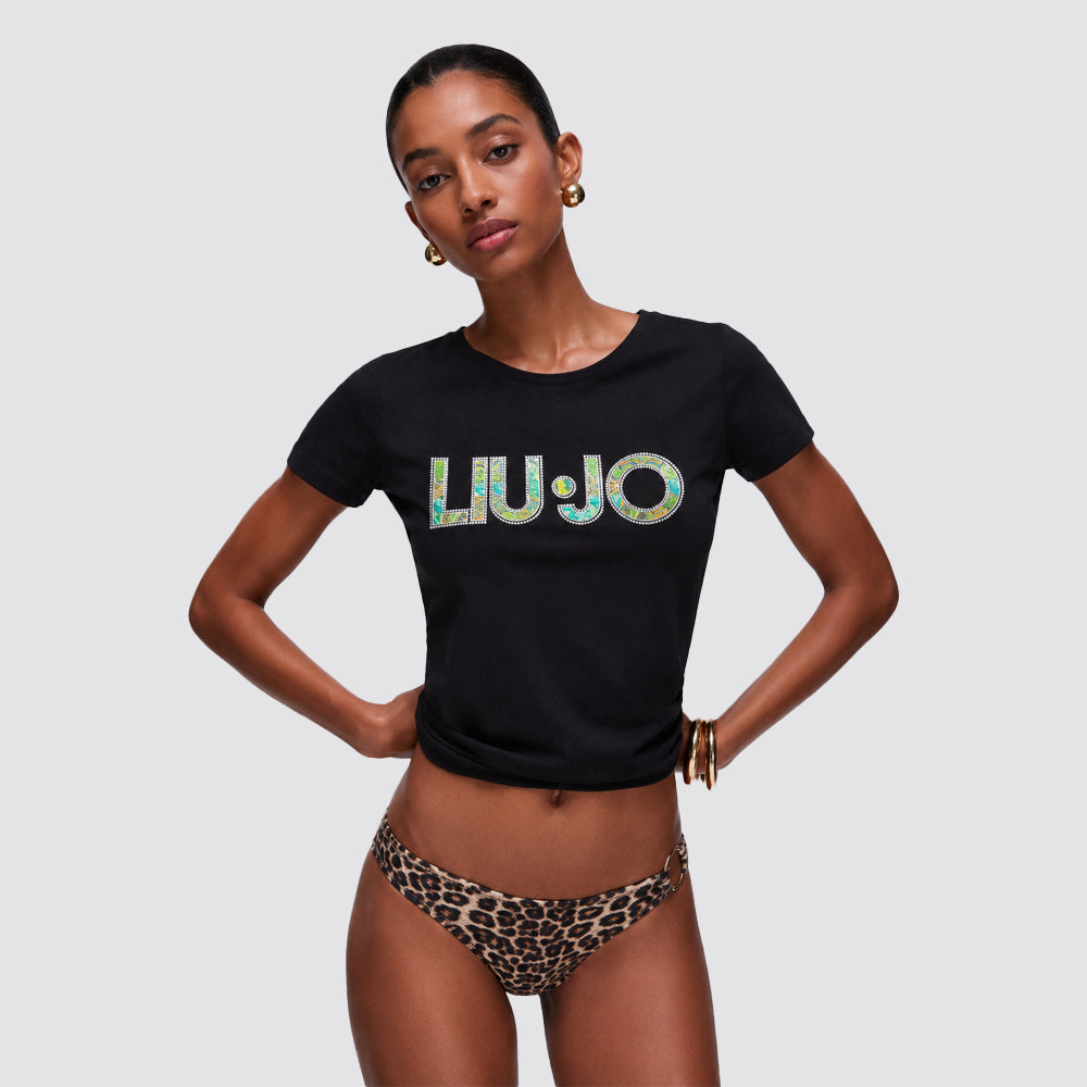 T shirt donna slim fit con logo frontale e strass