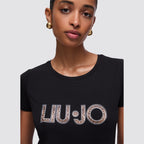 T shirt donna slim fit con logo frontale e strass