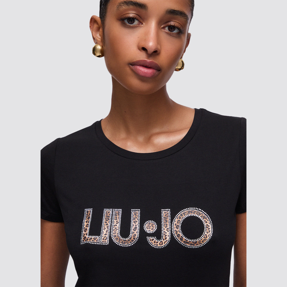 T shirt donna slim fit con logo frontale e strass