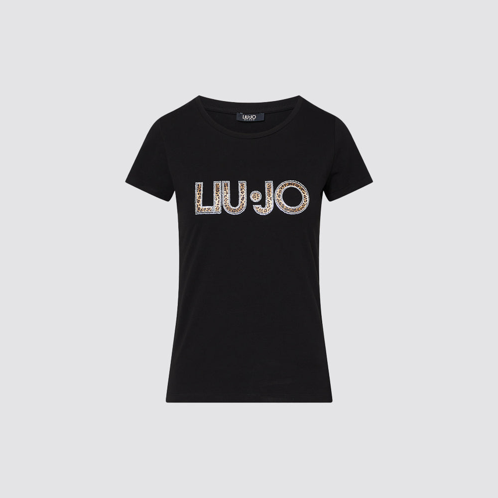 T shirt donna slim fit con logo frontale e strass