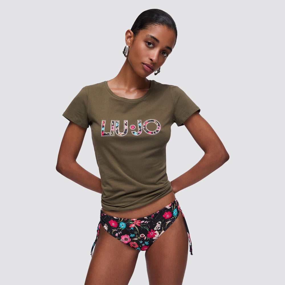 T shirt donna slim fit con logo frontale e strass