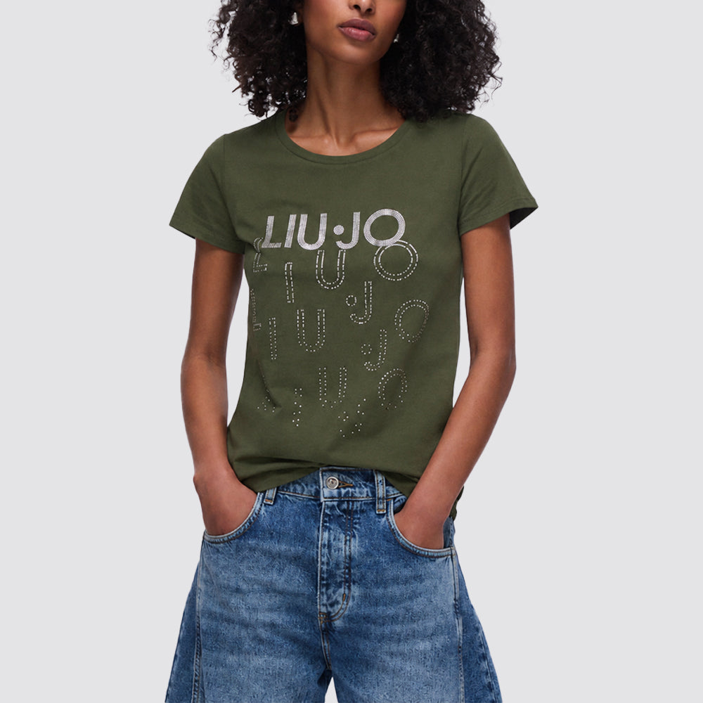 T shirt donna taglia standard con big logo e strass